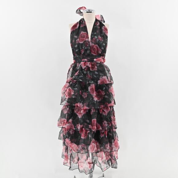 RIHOAS Dress Size S VNeck Floral Print Tiered Layered Halter Midi Black Pink NEW - Picture 1 of 12